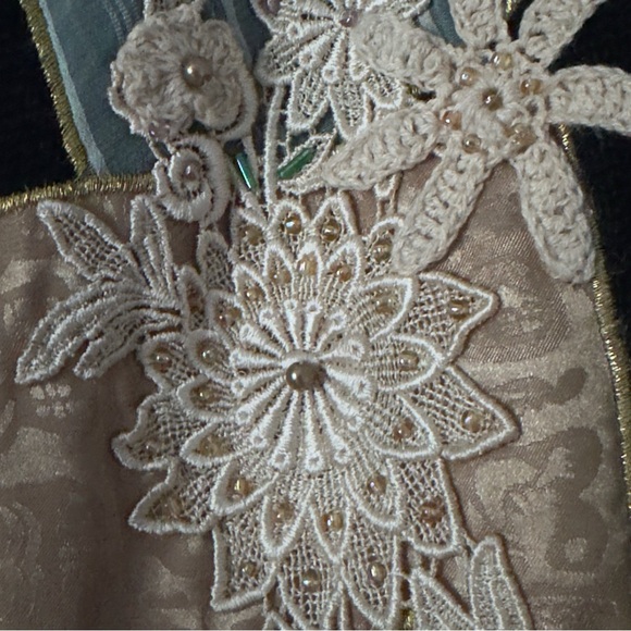 Vintage Shell Kepler Patchwork Beaded Duster Cardigan Large Black Crochet Lace - Picture 8 of 14